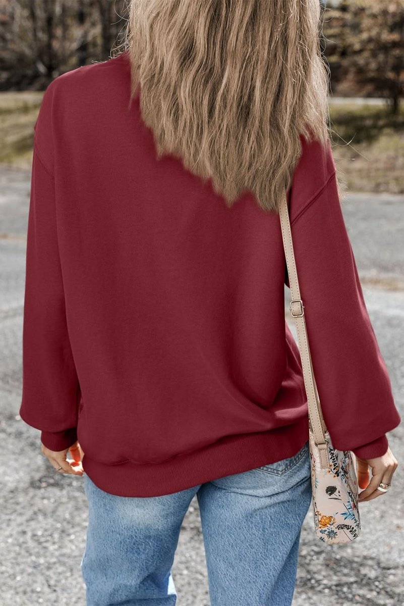 Burgundy Plain Drop Shoulder Crewneck Pullover Sweatshirt - Love Salve 