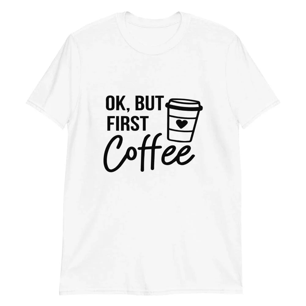 Adorb.co But First Coffee Tee, a comfortable graphic t-shirt featuring the "But First Coffee" design. Ideal casual wear for c