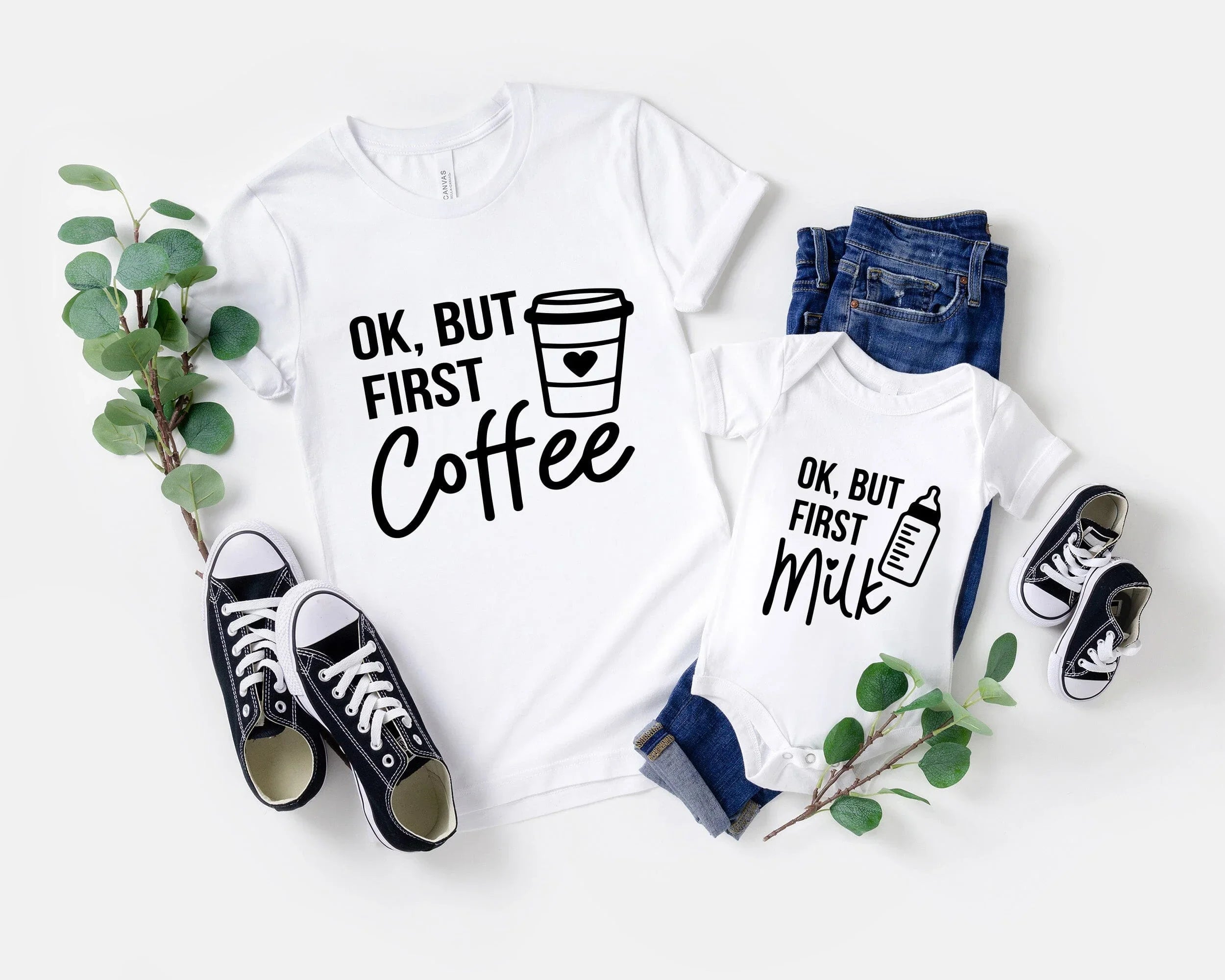 Close-up of the Adorb.co But First Coffee Tee graphic, showcasing the witty "But First Coffee" text. A fun, casual t-shirt fo