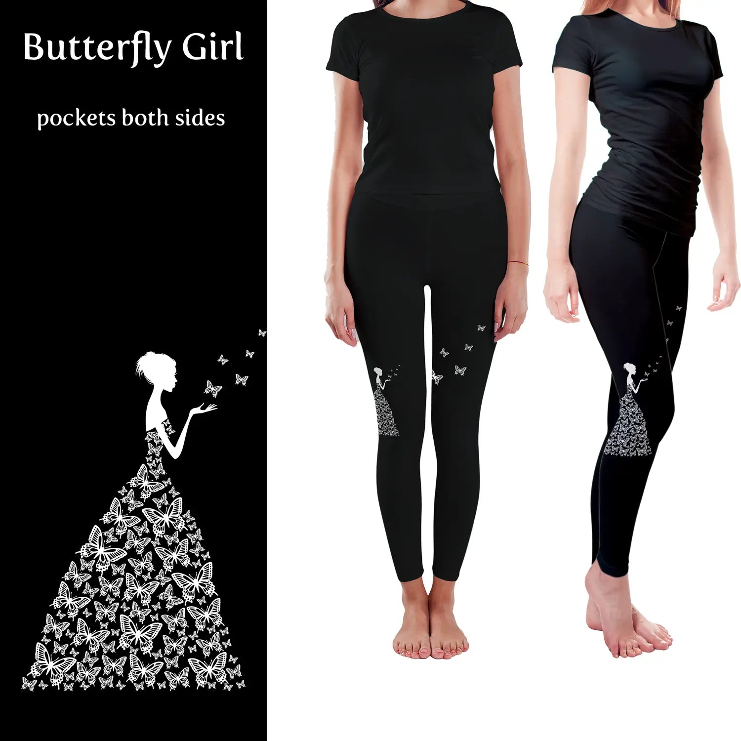 Leggings - Handmade with Pockets - Pastel Black White Butterfly Girl - Alternate Angle