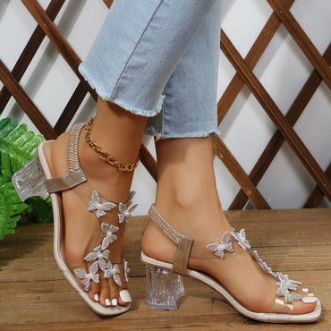 Butterfly Detail Open Toe Mid Heel Sandals - Love Salve