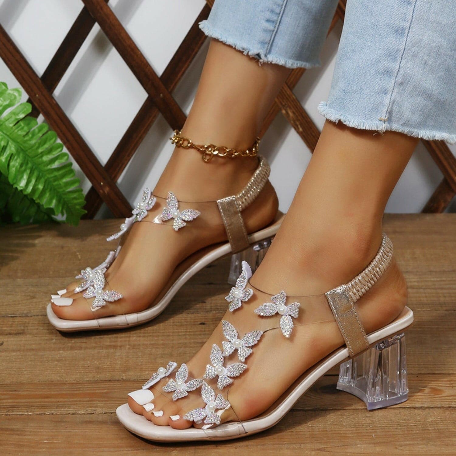 Butterfly Detail Open Toe Mid Heel Sandals - Love Salve