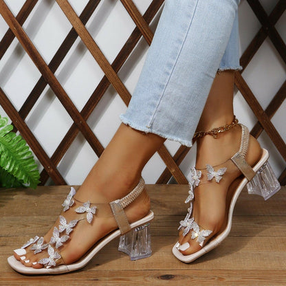 Butterfly Detail Open Toe Mid Heel Sandals - Love Salve