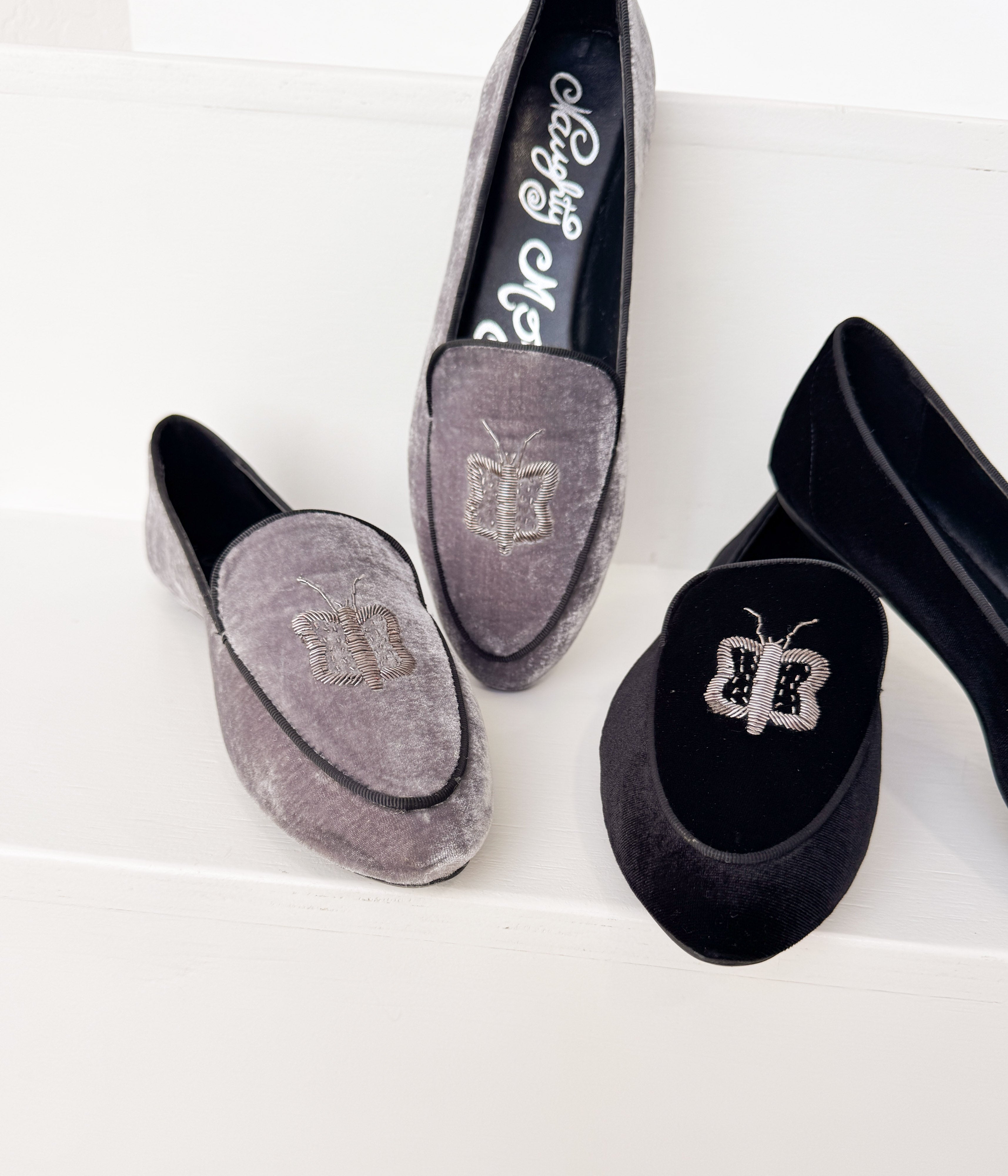 Butterfly Velvet Flats In Grey With Delicate Accent Naughty Monkey