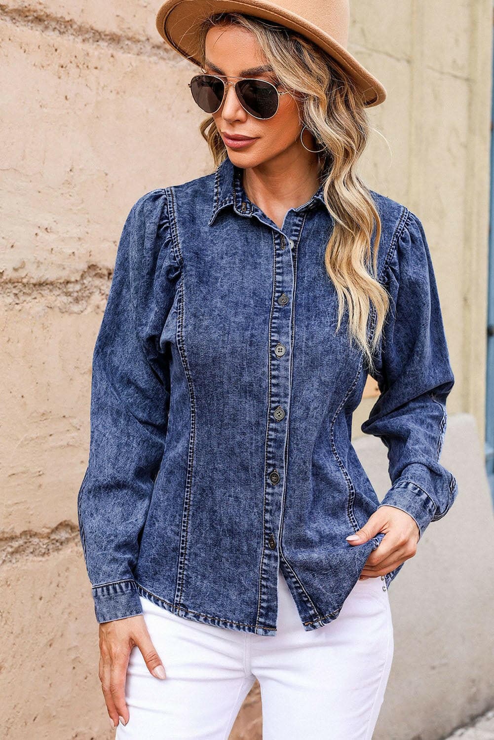 Button Up Collared Neck Denim Top - Love Salve