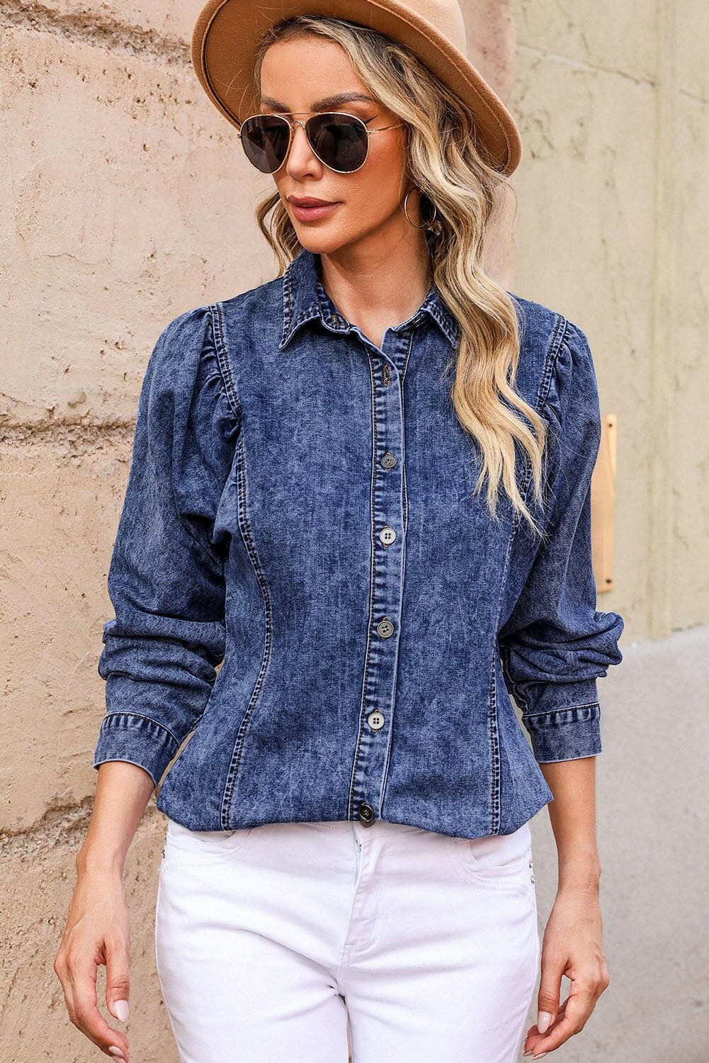 Button Up Collared Neck Denim Top - Love Salve