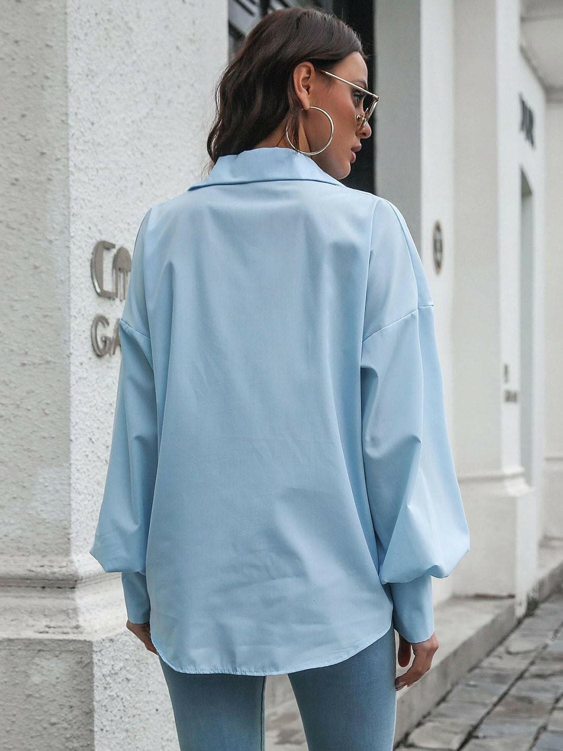 Button Up Dropped Shoulder Lantern Sleeve Shirt - Love Salve