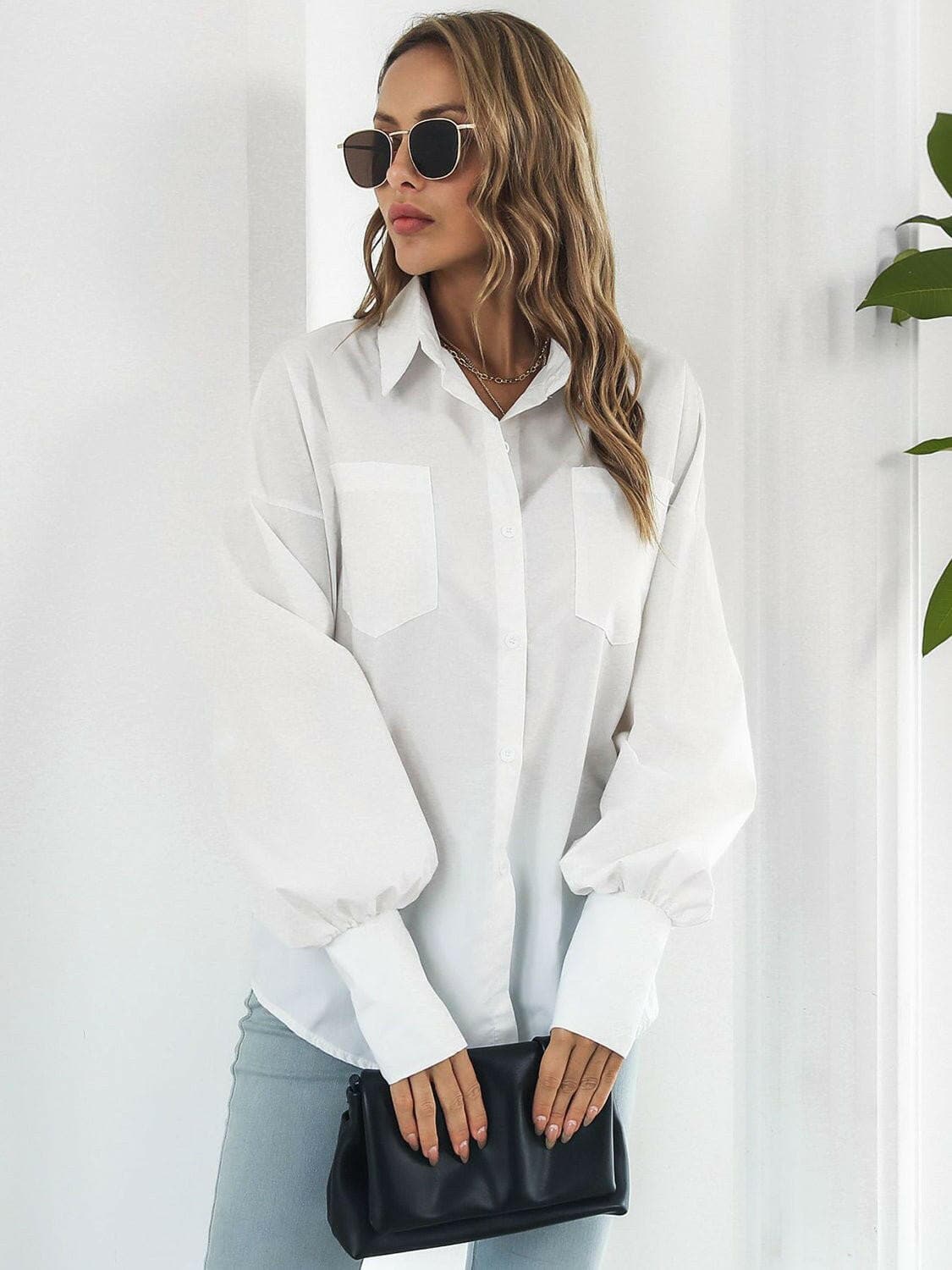 Button Up Dropped Shoulder Lantern Sleeve Shirt - Love Salve