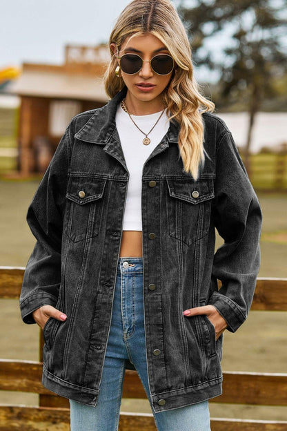 Denim Jacket with Buttoned Collared Neckline and Convenient PocketsUpgrade Your Style with Our Denim Jacket

Step up your fashion game with our Denim Jacket featuring a sophisticated Buttoned Collared Neckline and Convenient PocketsLove Salve Buttoned Collared Necklinejeans