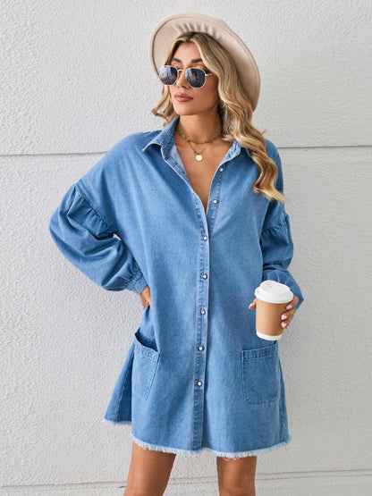 Buttoned Denim Shirt Dress with Pockets and Raw Edge Hem - Love Salve