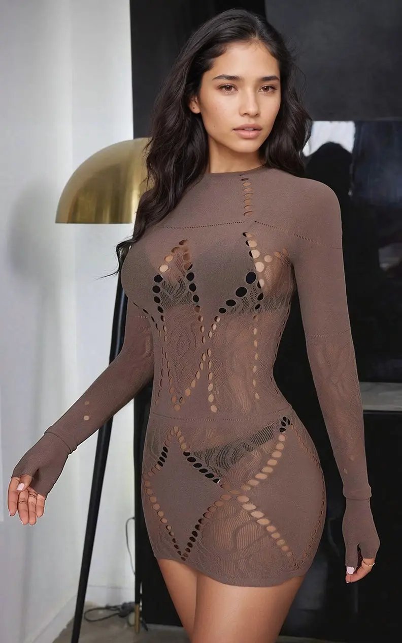 3wishes.com Mature > Erotic Clothing - 3wishes Brown Geo Net Chemise - Sexy, Comfortable Lingerie - Premium Quality 3wishes.com