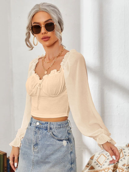 Mesh Sweetheart Neck Flounce Sleeve Top.