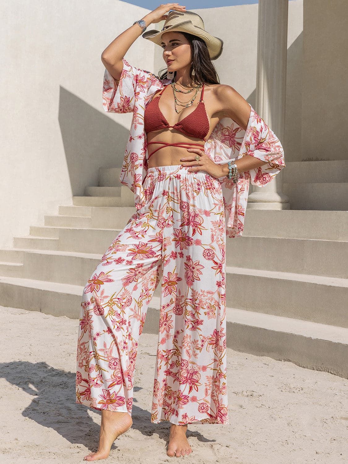 Printed Open Front Half Sleeve Top and Pants Set.