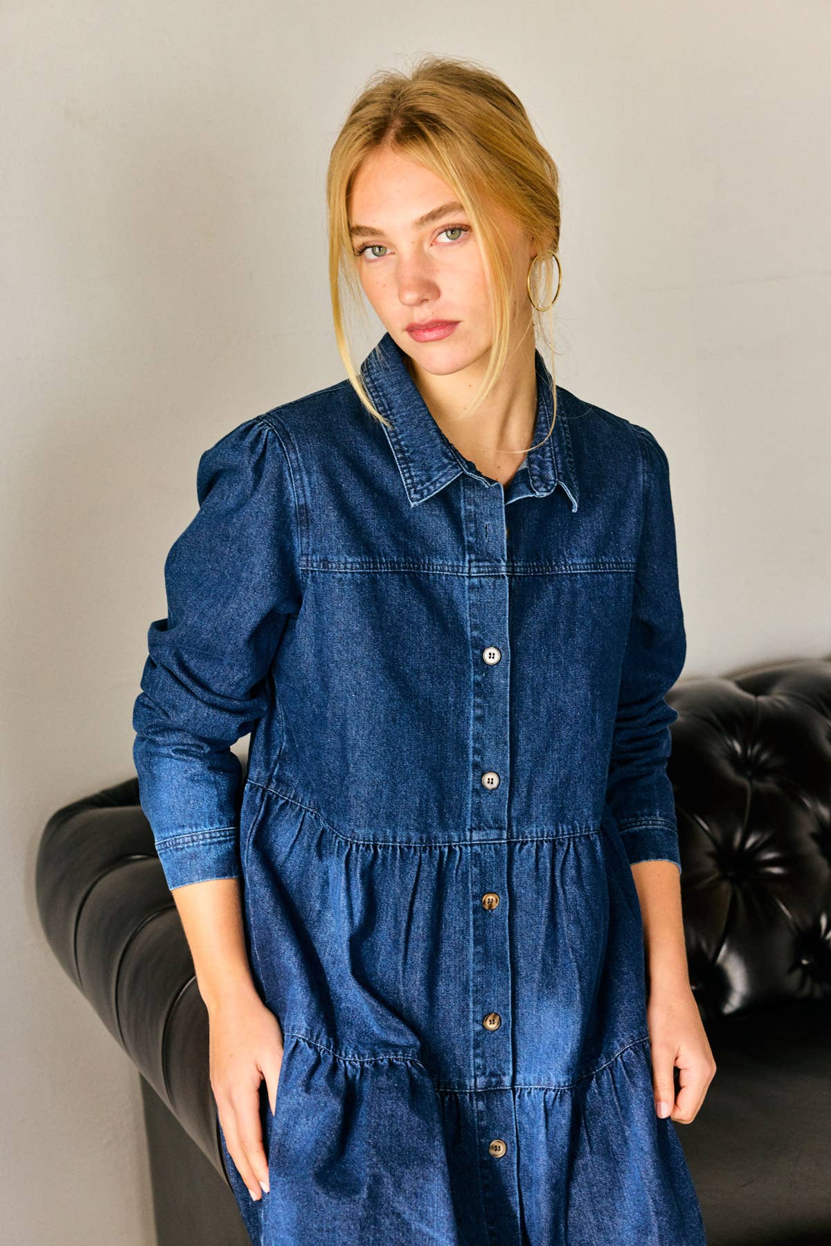 Effortless Button Down Babydoll Ruffle Denim Dress Chic Fitkitty Culture Athleisure Wear, Yoga Wear & Women's Clothing