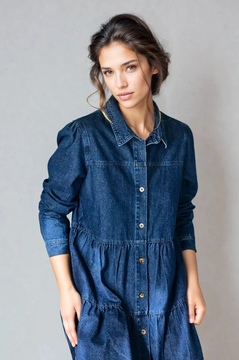 Effortless Button Down Babydoll Ruffle Denim Dress Chic Fitkitty Culture Athleisure Wear, Yoga Wear & Women's Clothing