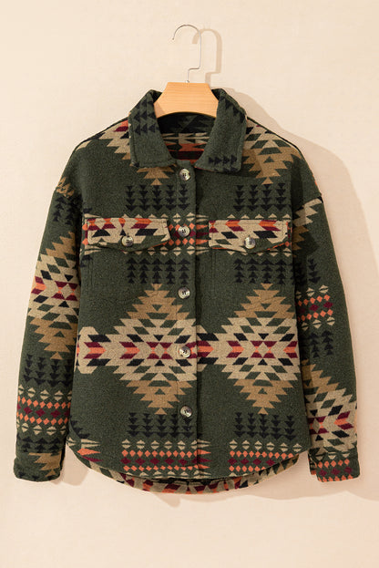 Chic green Aztec print long sleeve shacket with flap pockets