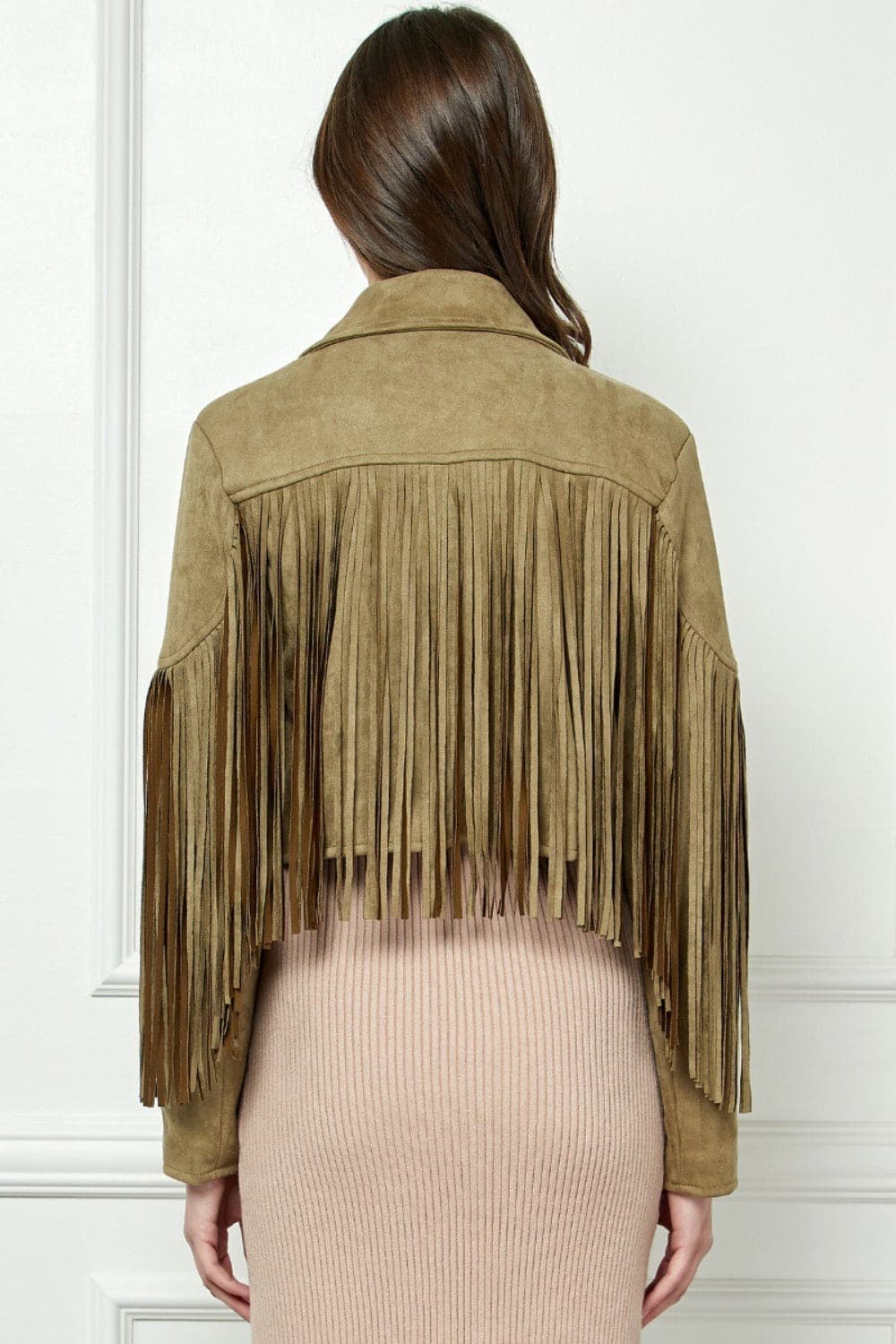 Veveret Suede Fringe Long Sleeve Moto Jacket.