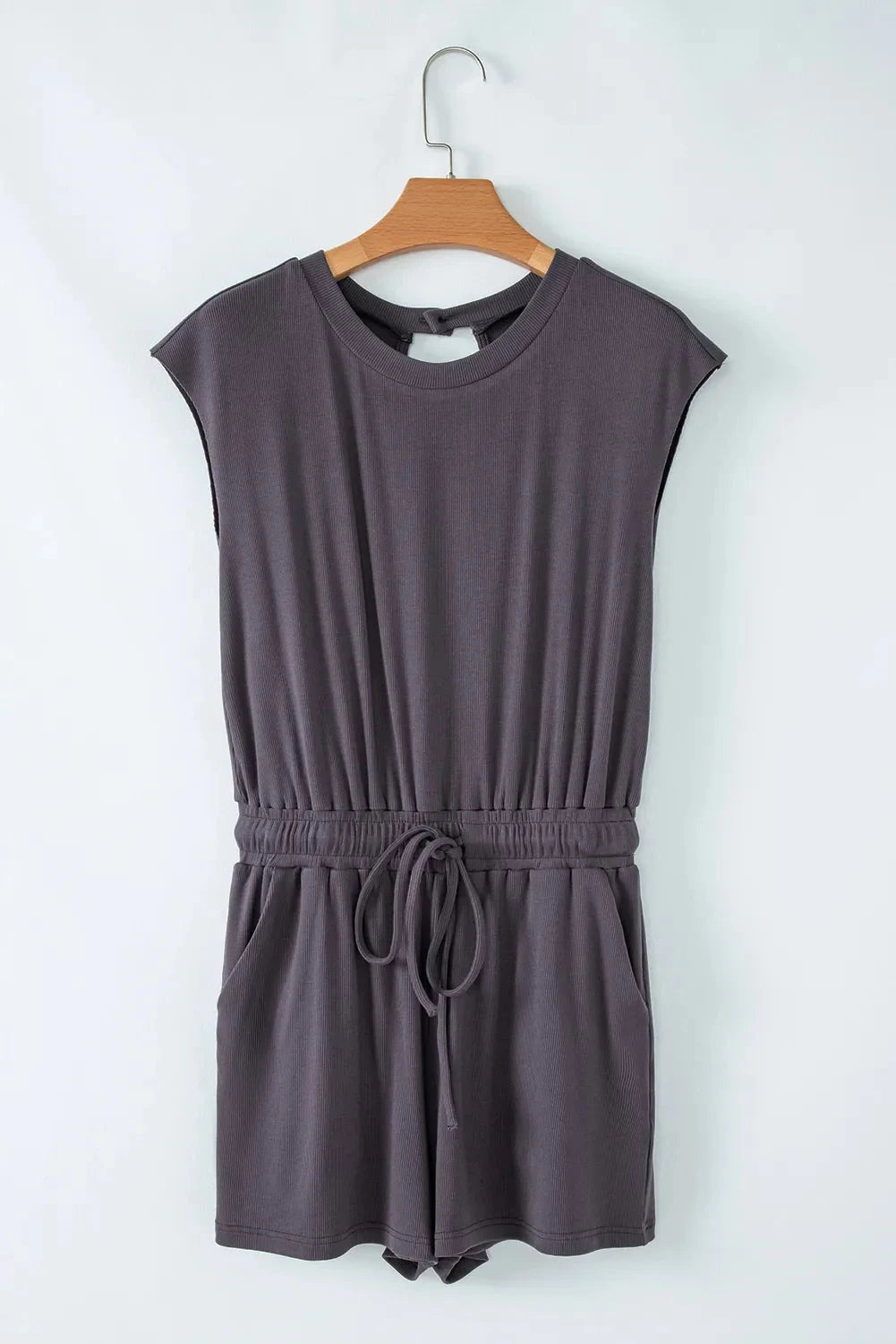 Knit Open Back Cap Sleeve Drawstring Romper Simply Love