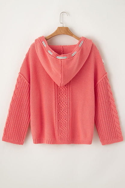 Drawstring Cable-Knit Hooded Sweater.