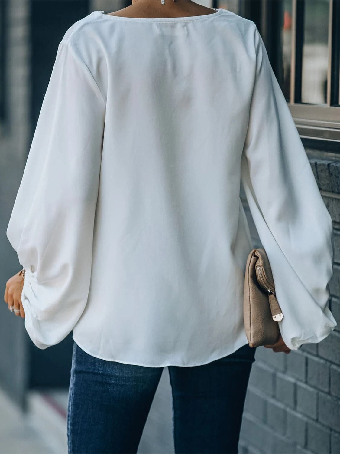 Lace Detail V-Neck Long Sleeve Blouse.