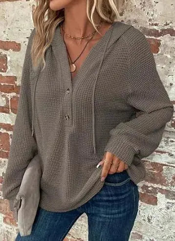 Waffle Knit Button Detail Hoodie Simply Love