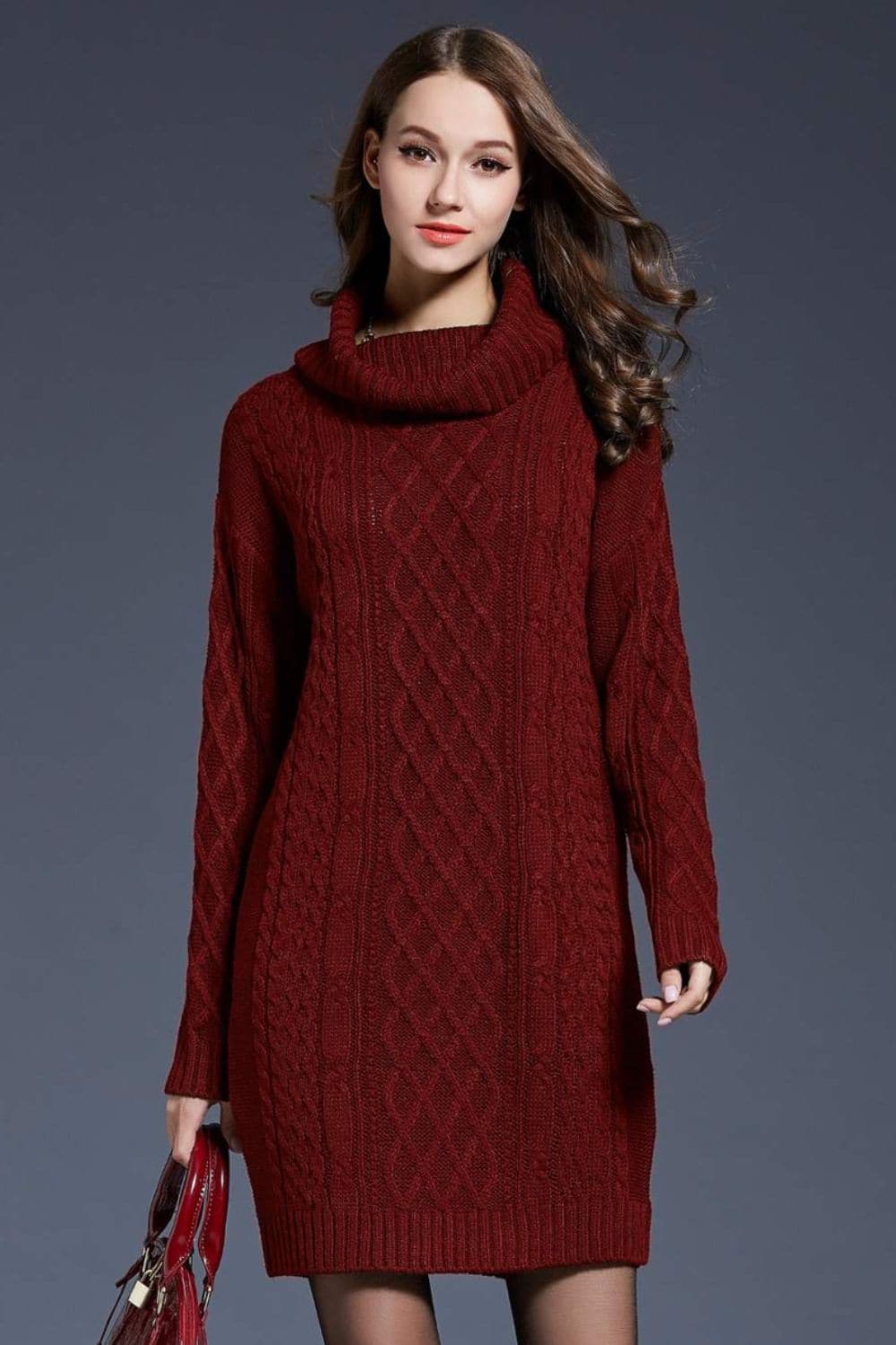 Woven Right Full Size Mixed Knit Cowl Neck Dropped Shoulder Sweater Dress.