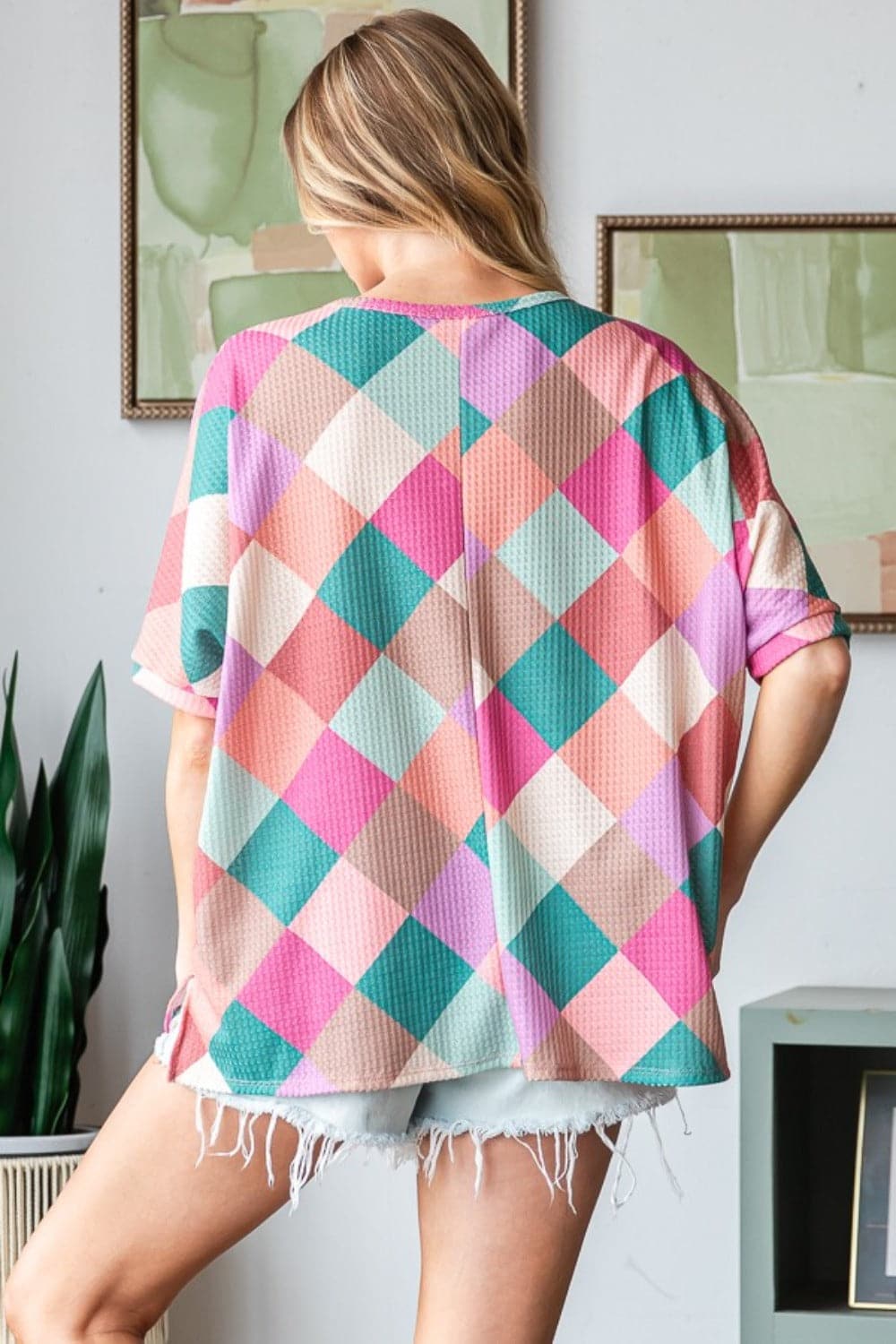 HOPELY Full Size Multi Colored Argyle Side Slit T-Shirt.