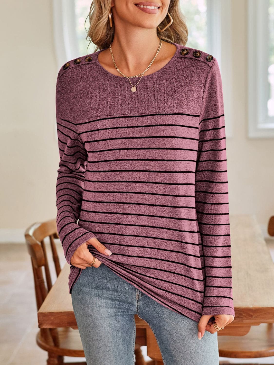 Striped Round Neck Long Sleeve T-Shirt.