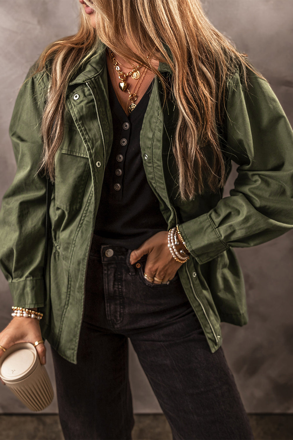 Chic moss green collared jacket with snap button and zipper details