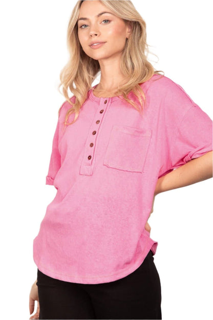 VERY J Twisted Sleeve Band Half Button Top.