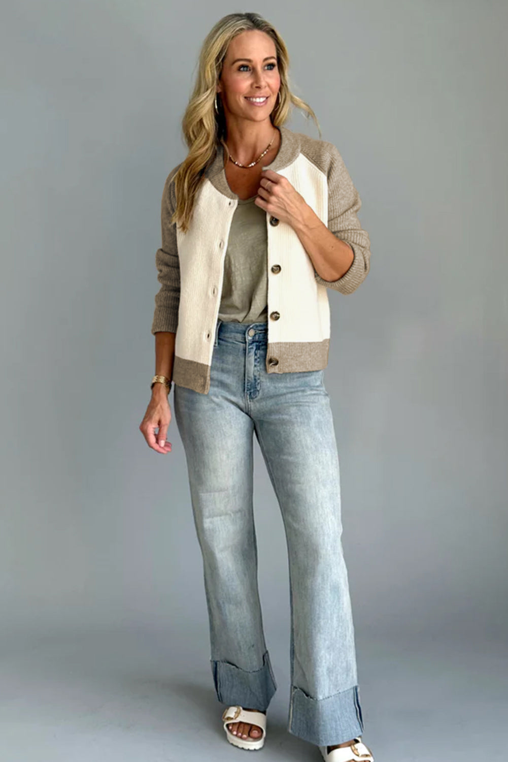 White Color Block Ribbed Knit Button Down Cardigan Sweater For Women Dear-Lover Dropshipping