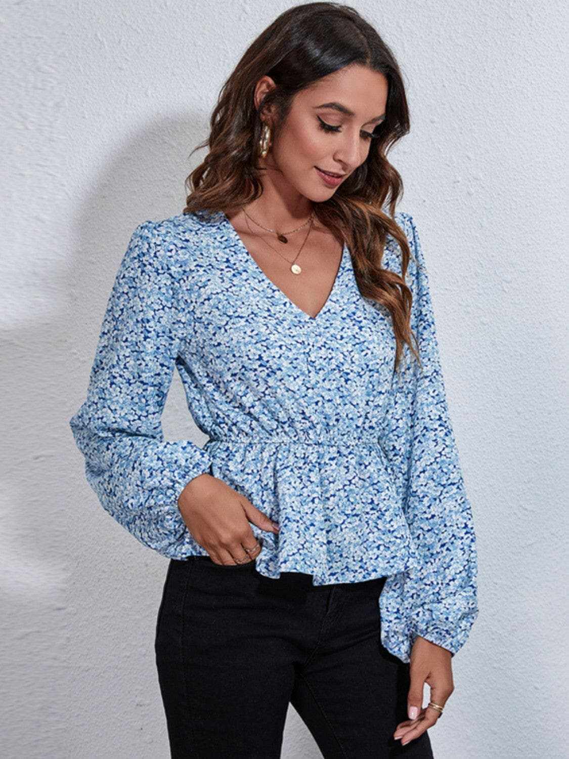 Floral peplum blouse with V-neck - Love Salve 