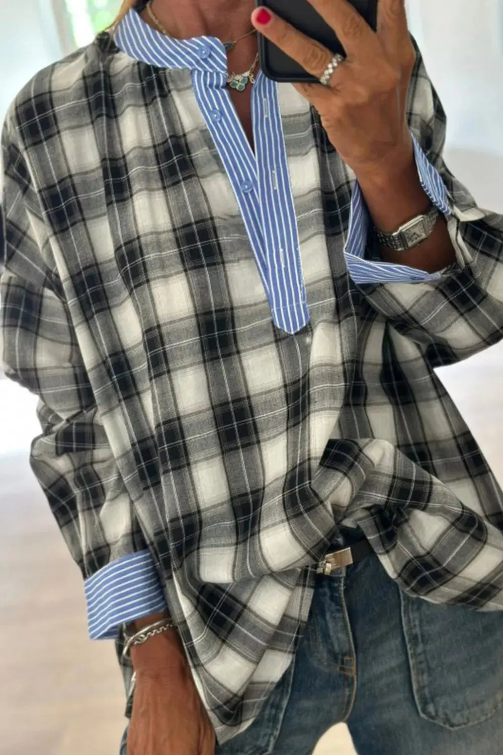 Contrast Striped Edge Half Placket Plaid Blouse Simply Love