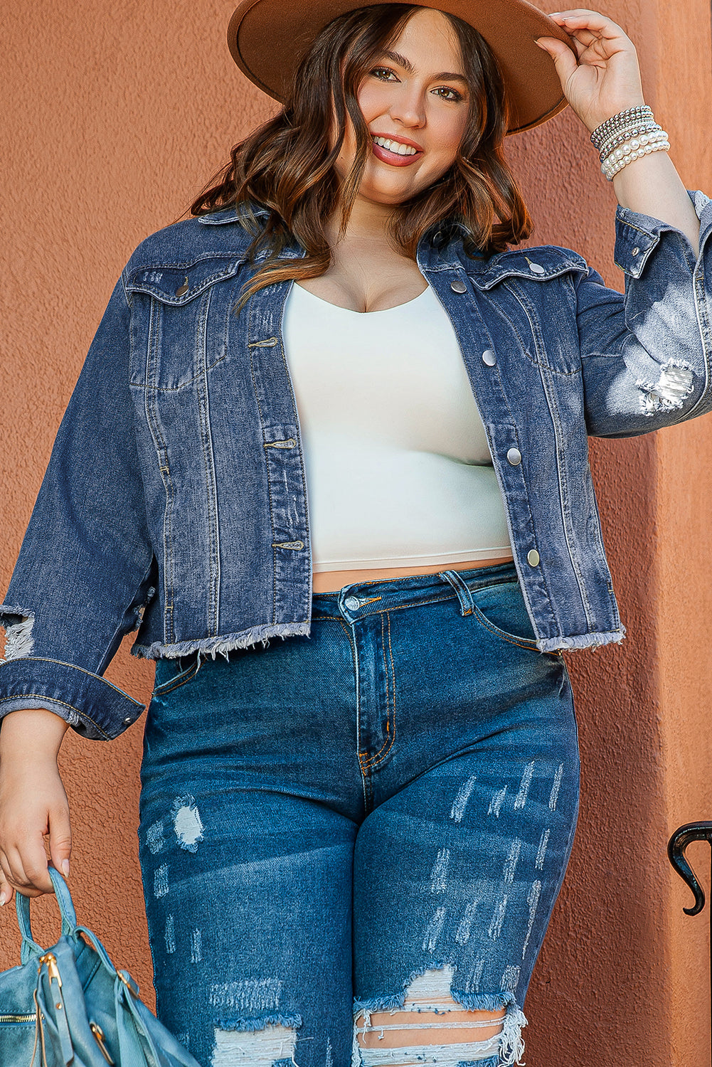 Chic dark blue plus size distressed denim jacket with flap pockets