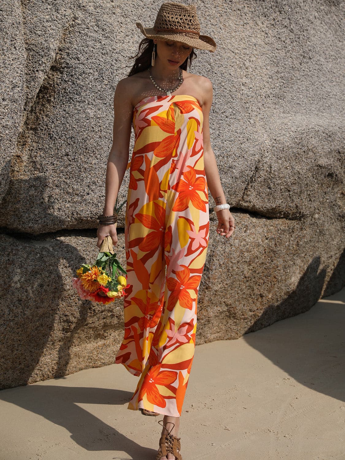 Tied Printed Tube Wide Leg Jumpsuit.