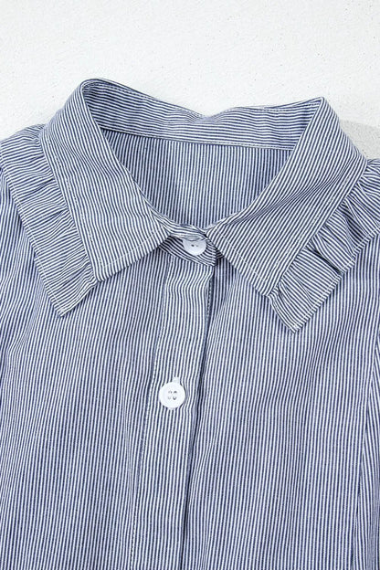 Stripe Frilled Ruffled Cap Sleeve Button Up Mini Dress