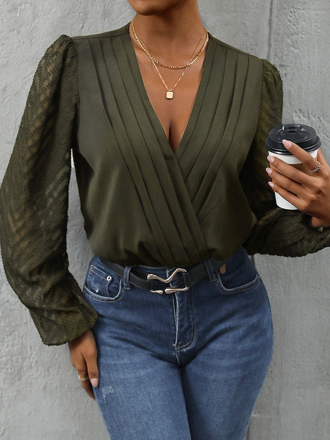 Ruched Surplice Long Sleeve Bodysuit.