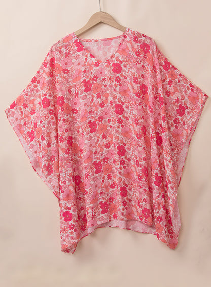 Pink floral boho kimono-style blouse with V neckline