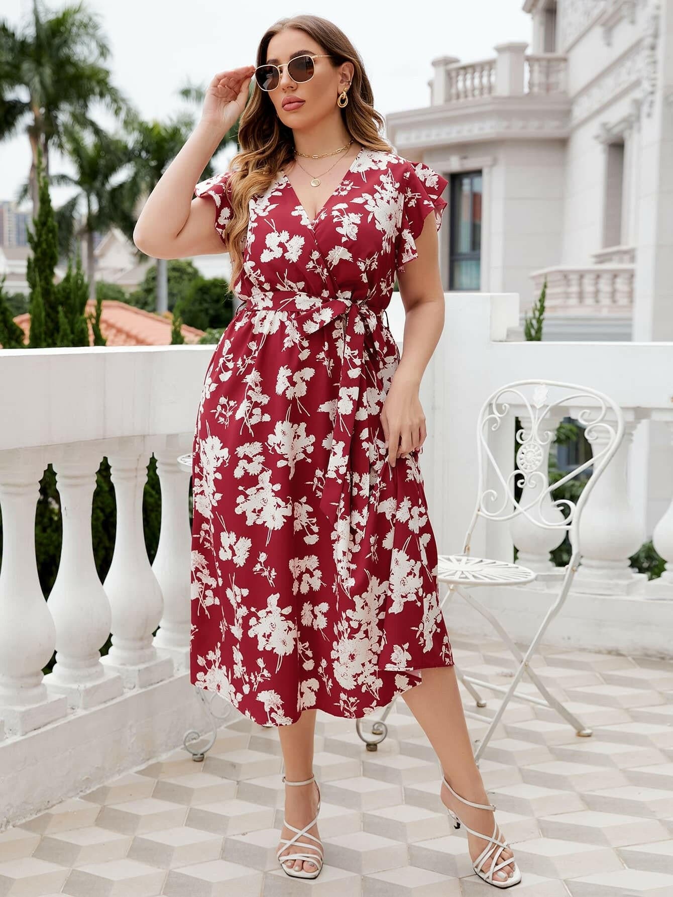 Plus Size Floral Tie Waist Surplice Neck Midi Dress.