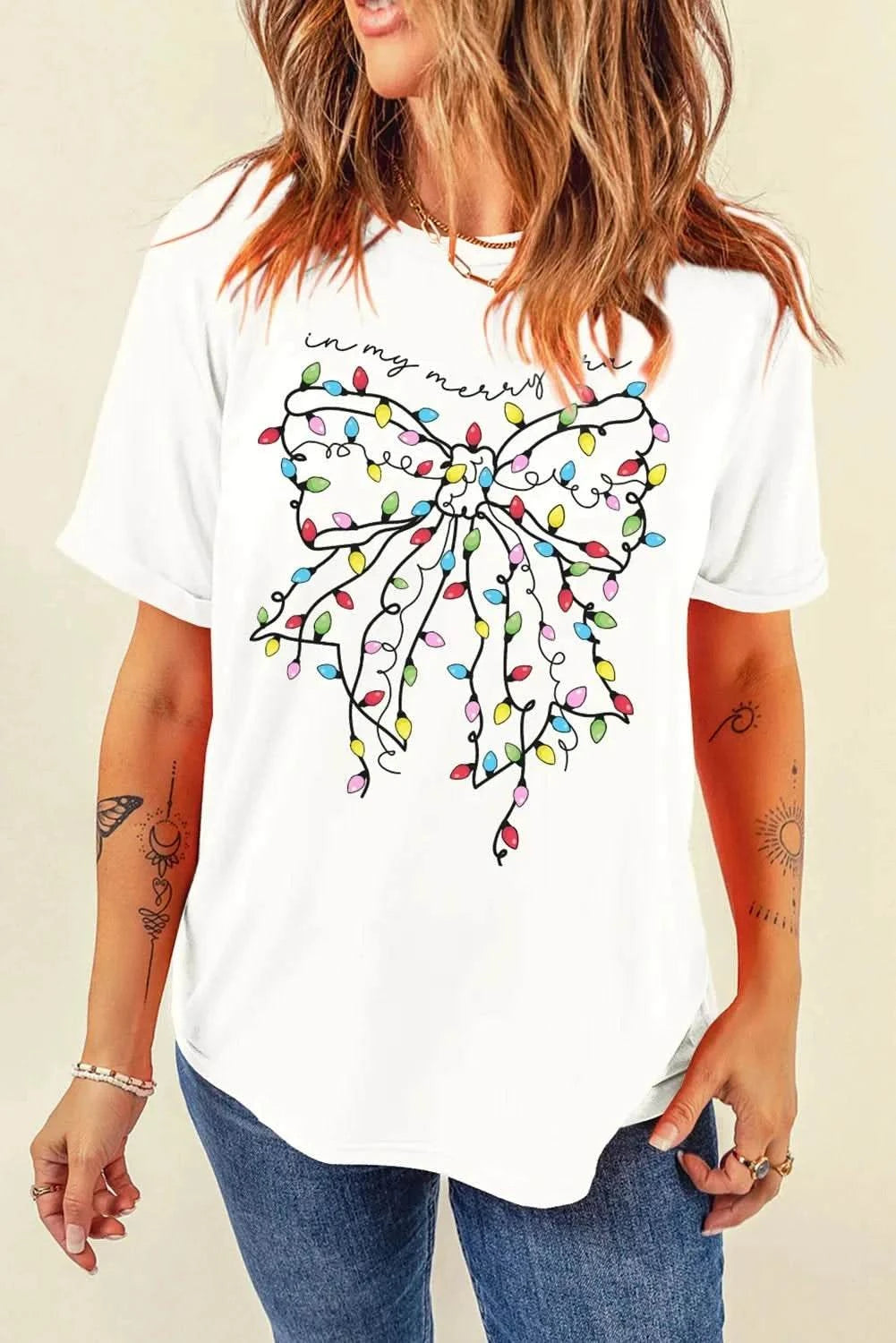 Full Size Bow Round Neck Short Sleeve T-Shirt with colorful bow design on white fabric.