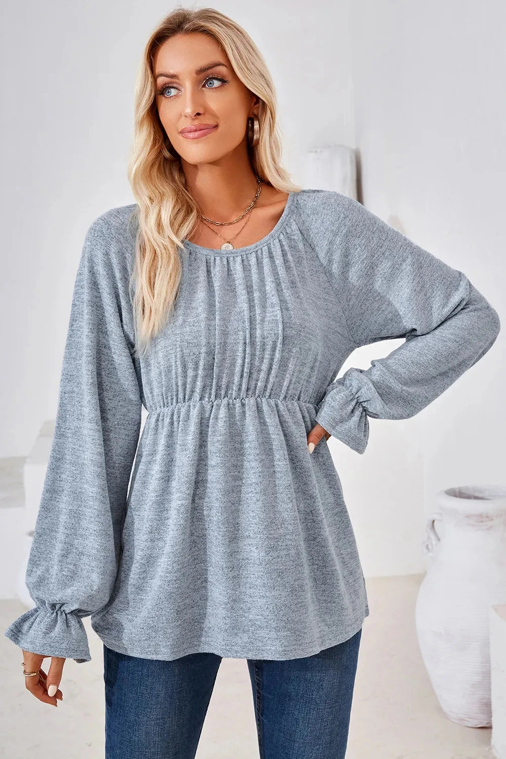 Ruched Round Neck Flounce Sleeve Blouse Coco’s Tee Boutique