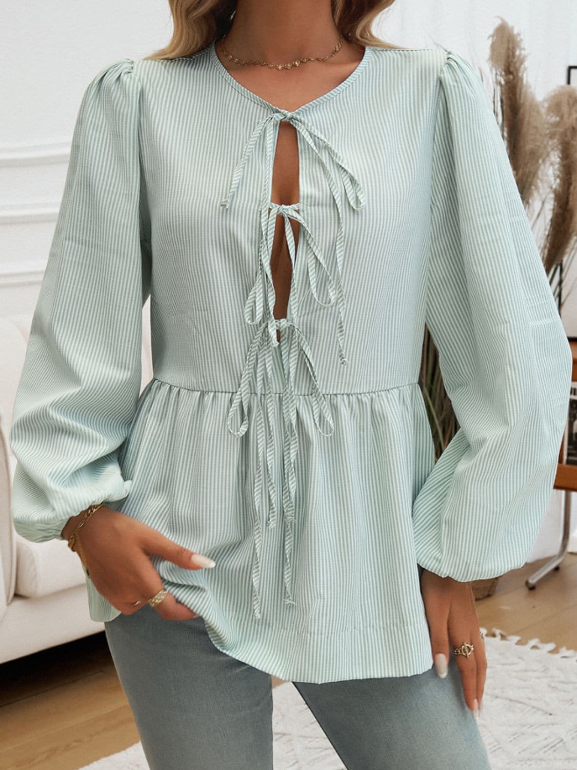 Tied sheer striped long sleeve top