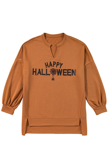 Chic chestnut Halloween top with sequin graphic and long sleeves