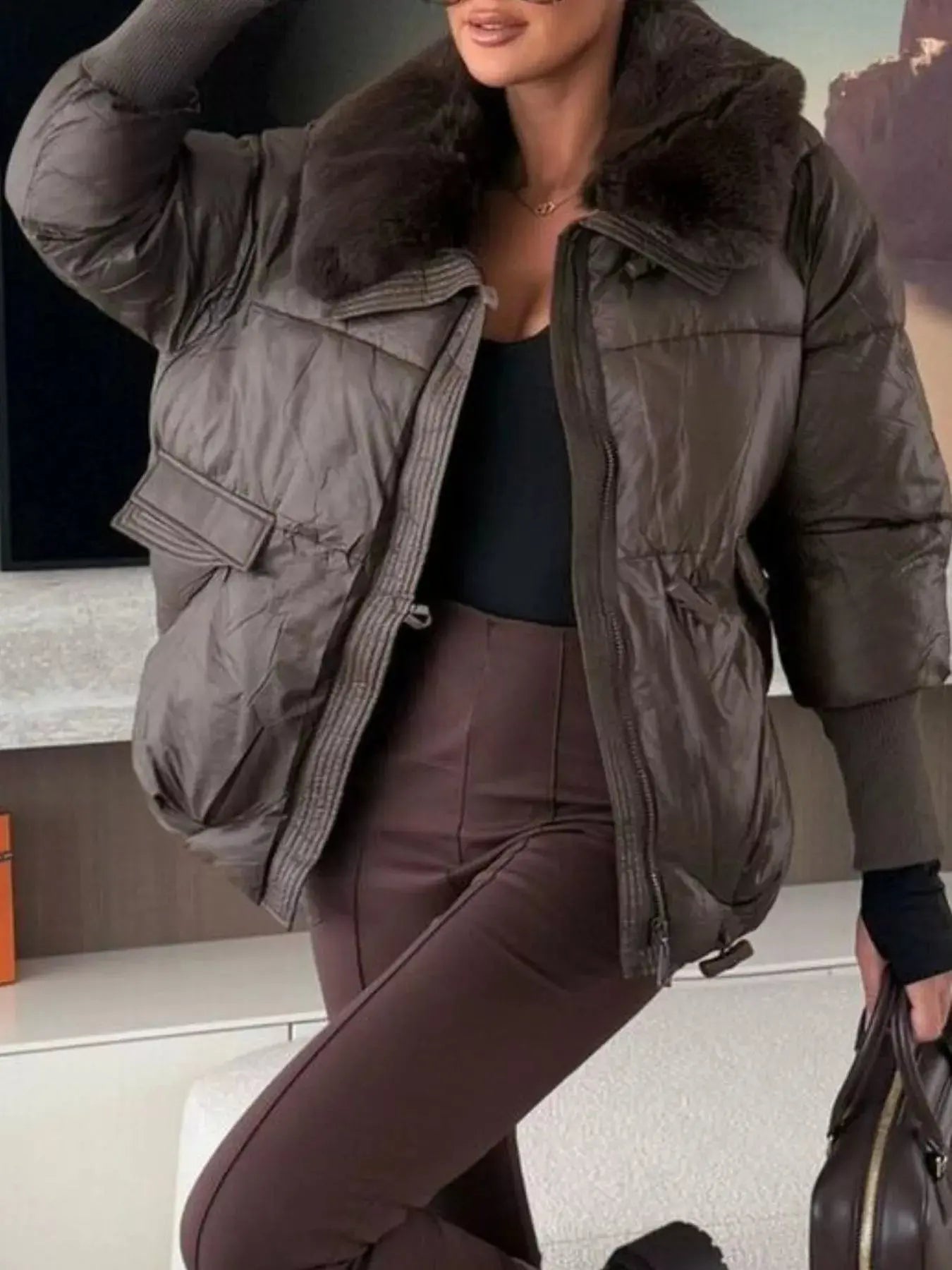 Fur Collar Padded Puffer Jacket Simply Love