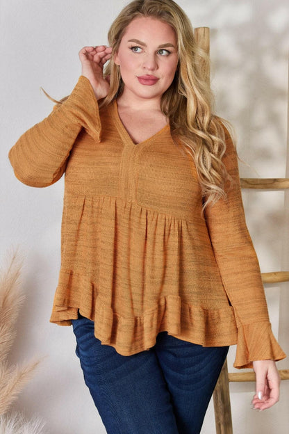 Hailey & Co Full Size V-Neck Flounce Sleeve Blouse.