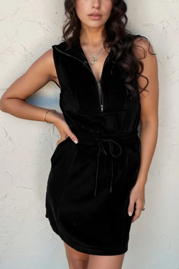French Terry Zipped Collar Sleeveless Drawstring Waist Mini Dress