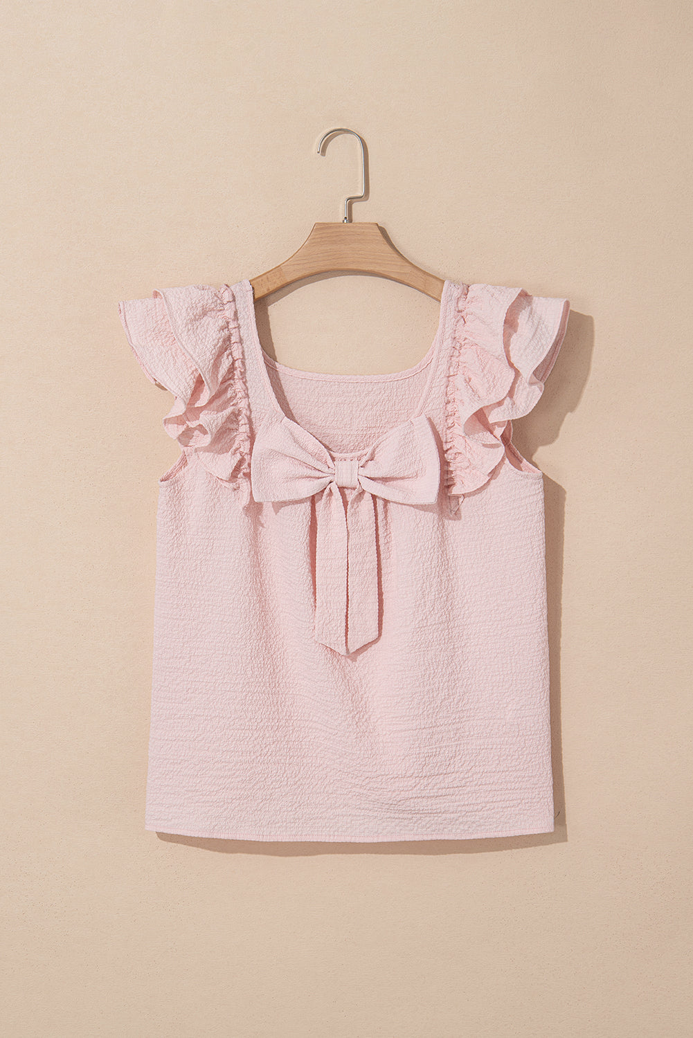 Gossamer Pink Textured Bow Knot Frilled Butterfly Sleeve Blouse