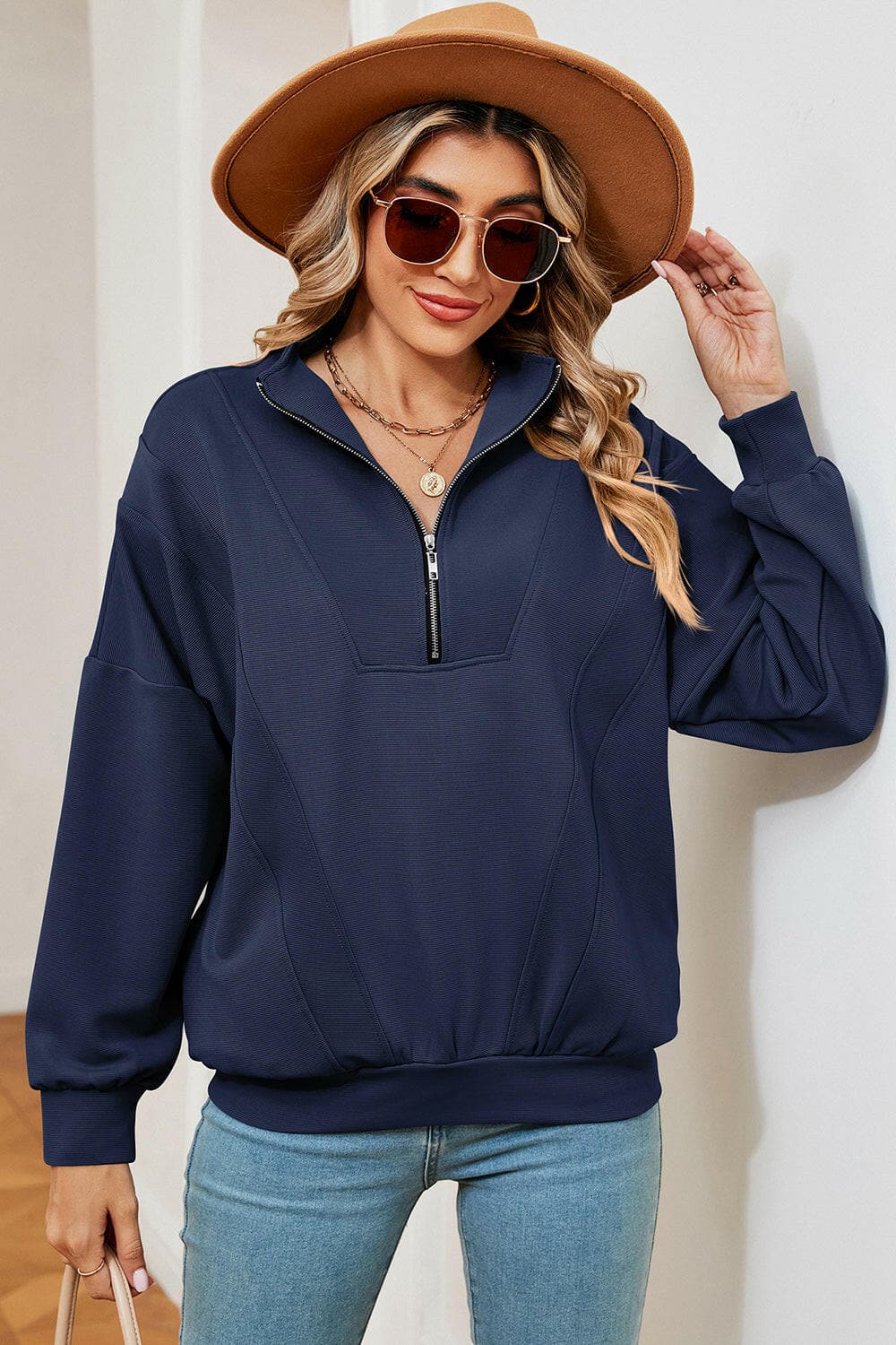 Half Zip Dropped Shoulder Sweatshirt.