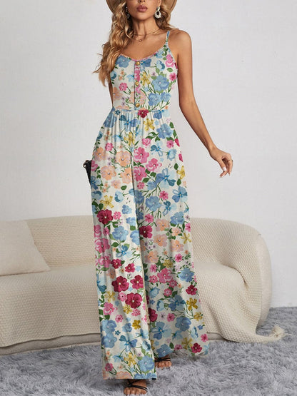 Decorative Button Spaghetti Strap Wide Leg Jumpsuit.