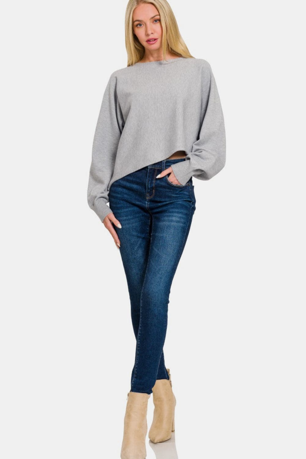 Chic asymmetric hem long sleeve sweater